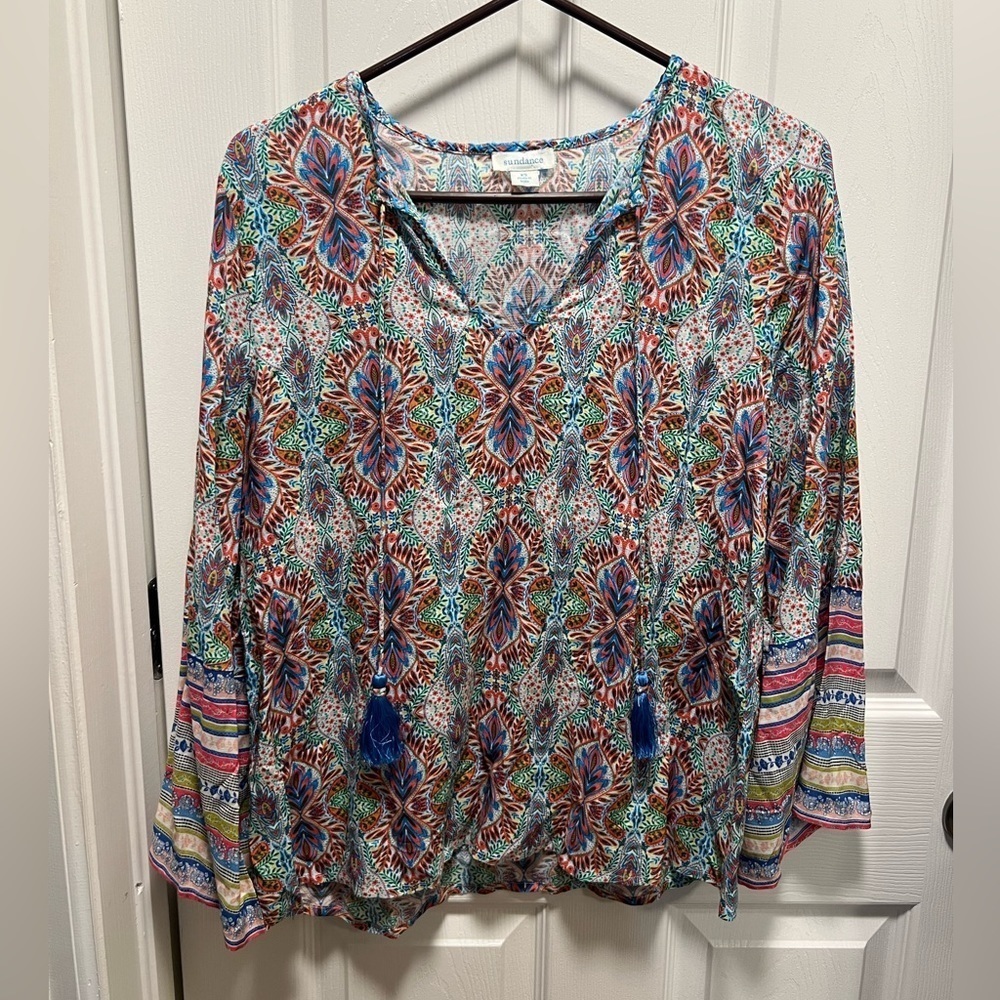 Sundance | Andalusia‎ Bell Sleeve Peasant Blouse Boho Paisley Tassel Sz XS